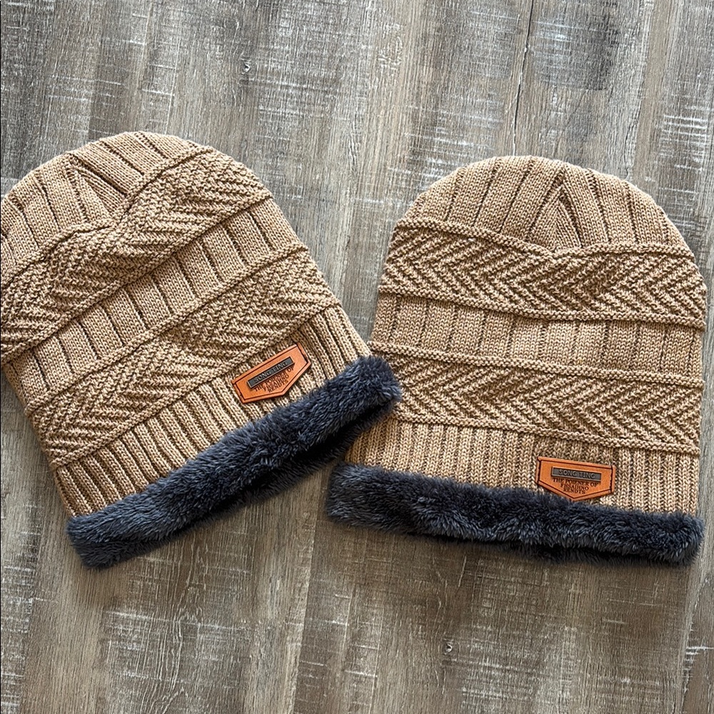 Knit Beanie Set - Brown and Gray
